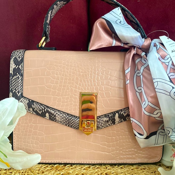 Aldo 'GLENDA' Convertible Satchel in Light Pink & Snakeskin Print - Picture 3 of 15